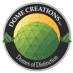 Dome Creations logo with hexagonal dome pattern, bunches of leaves, and phrase "Domes of Distinction"