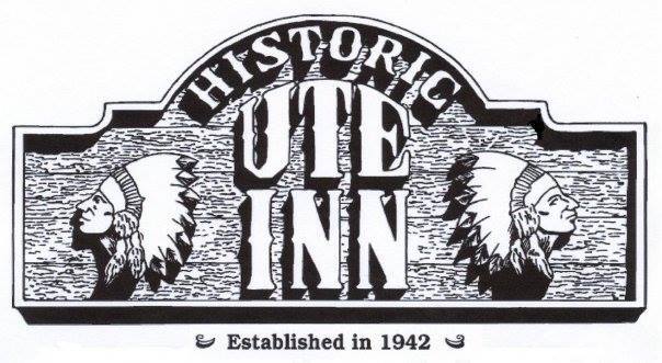 Logo of Historic Ute Inn inside a rustic sign with two opposite facing Native American faces and phrase "Established in 1942"